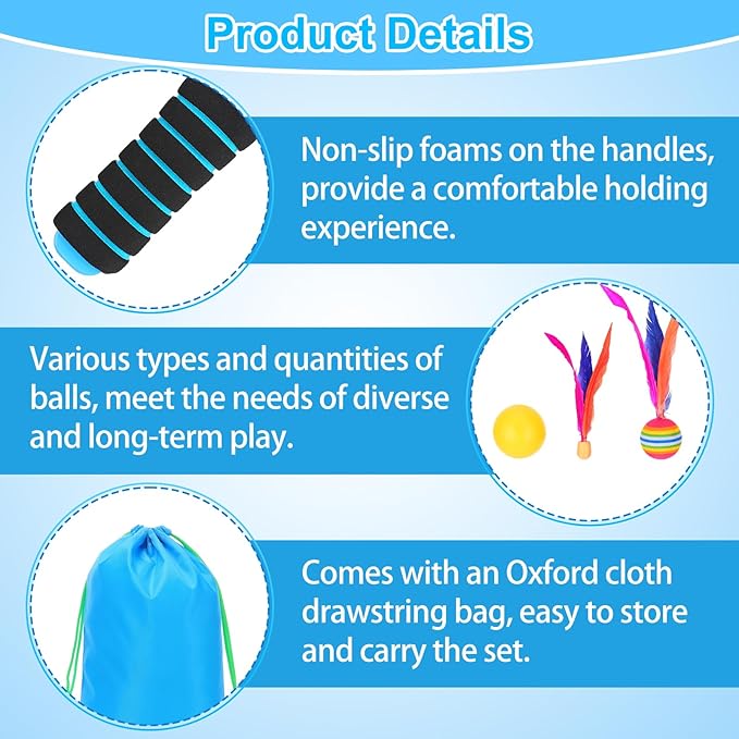Beach Paddle Ball Set - Funny Paddleball Rackets Game, Outdoor Sports Toys for Kids Adults Family Games Beach Yard Lawn Party Supplies(4 Paddles, 13 Birdies, 4 Balls, 2 Drawstring Bags)