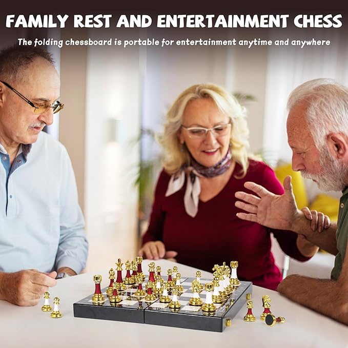 15" Large Chess Set for Adults with Weighted Acrylic Chess Pieces 3.5" King & Portable Folding Marbling Wooden Chess Board Travel Chess Sets Elegant Classic Chess Game – Family Board Game Gift