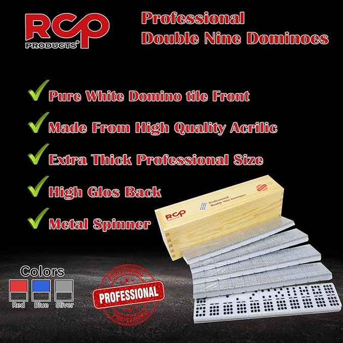 Dominos Set for Adults – Professional Double 9 Dominoes Set of 55 Tiles for Adults, Metal Spinner, Classic and Travel Board Game with Wood Case Juegos de Mesa Silver