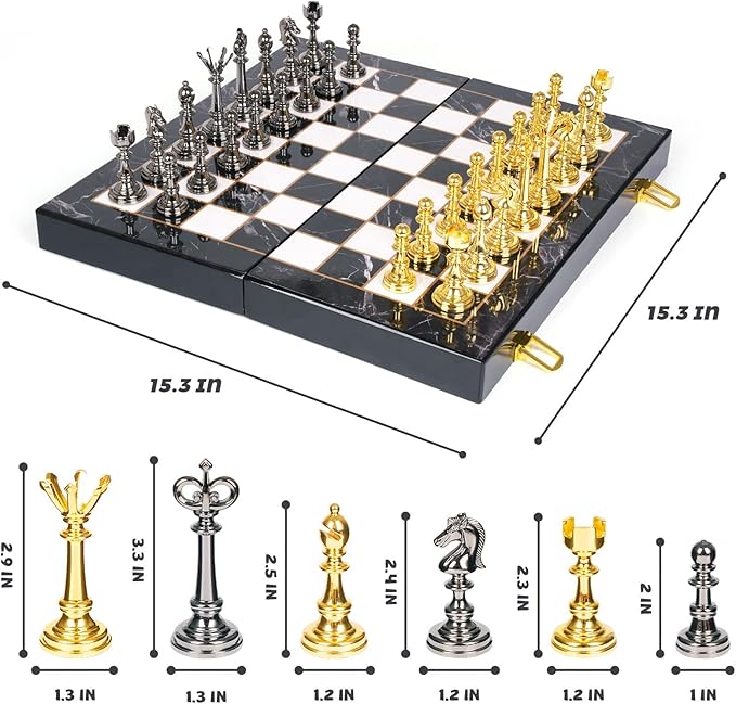 Metal Chess Set and Checkers Game Set 15 inch(2 in 1) Chess Board Games for Adults Kids Metal Chess Pieces & Portable Folding Wooden Chess Board Travel Chess Sets Metal Chess Pieces with Storage Box