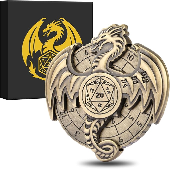 Spinner DND Dice Set, 7-in-1 Dragon Metallic D&D Dice, Dragon Roulette Dice Spinner for DND Dice Set, D&D Gifts with Gift Box, Role Playing Game Board Game Accessories, Bronze