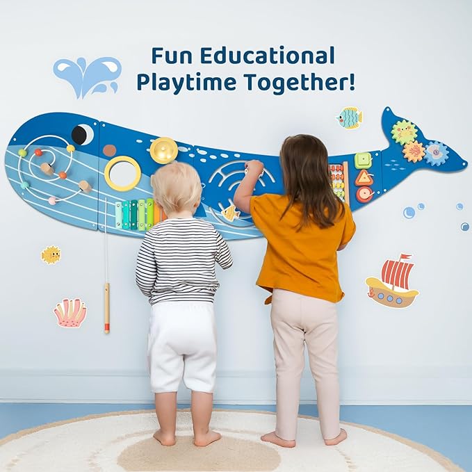 Whale Wall Busy Board Panel, Montessori Sensory Toy, Toddler Learning Activity Center, Toddler Learning Activity Center, Interactive Toys, Wooden Sensory Wall Develops Kids Skills in All Aspects