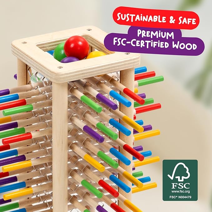 Nene Toys BALLFALL - Montessori Wooden Board Game for Kids Ages 3-9 โ Educational Toy for Fine Motor Skills & Logical Thinking โ Classic Family Tower Game with Colorful Sticks, Dice & Cards