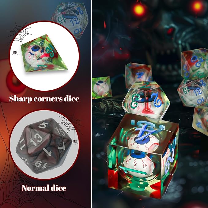 Evil Eye Dices OriCraft Moving Eyes Dice DND Dice Set with Moving Eye Inside Dungeons and Dragons Polyhedral Role Playing Gaming Dices D20 Dice 7 Set Halloween Dices Green