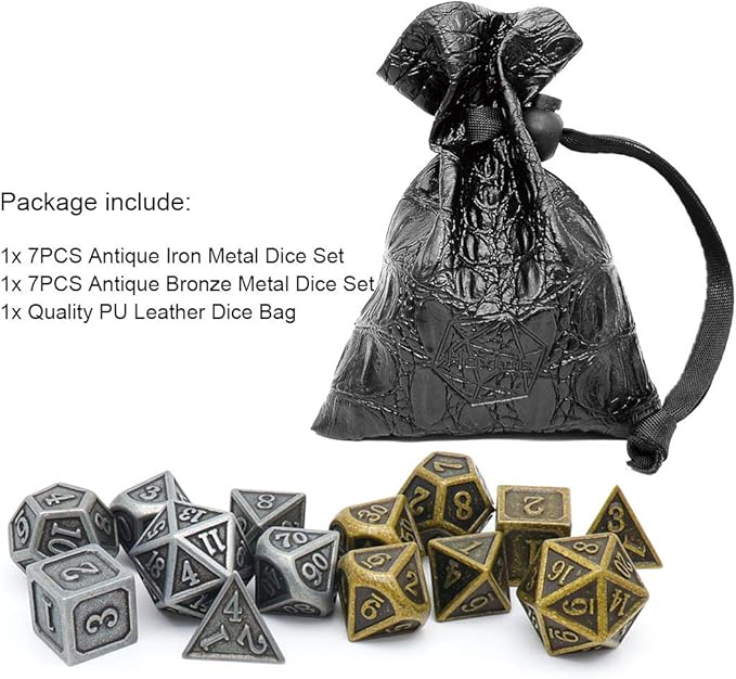 Haxtec Pirate Metal DND Dice Set D&D Dungeons and Dragons TTRPG Games (2 Pack-Antique Iron & Antique Bronze)