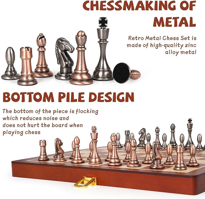 12-Inch Metal Chess Set Pieces – Wooden Chess Board Set Folding Travel Chess Sets,Metal Bronze & Silver Chessmen, Bonus 2 Extra Queens, Portable and Durable Classic Chess Game for Kids and Adults