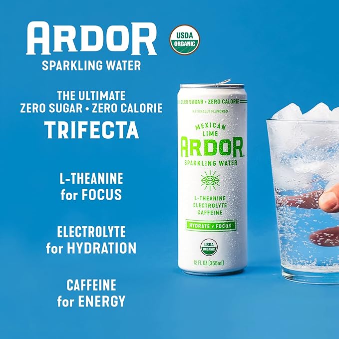 ARDOR ENERGY Sparkling Water with 100mg Natural Caffeine & 200mg L-Theanine from Organic Green Tea for Smooth Energy & Focus | Healthy Energy Drink | No Sugar, Zero Calories, Vegan, Gluten-Free | Tropical Variety (Pack of 12, 12oz cans)