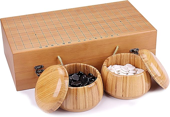 19x19 / Go Game SetHigh Grade Gift Box Board with Single Convex Melamine Stones and Bamboo Bowls Set