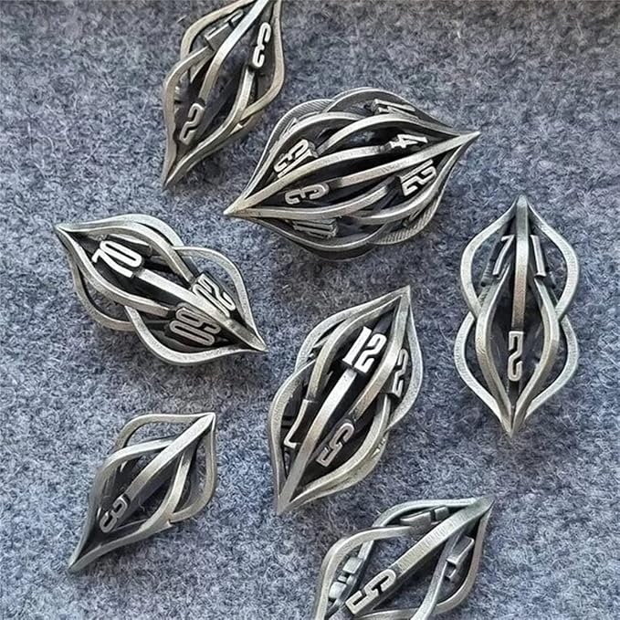 Thyggzjbs The Arcanum Dice Set for Table Games,3D Printed Carved Metal Hollow Polyhedral DND RPG MTG Game Set,Creative Craft Decoration,dice Families and Friend (Ancient silver)