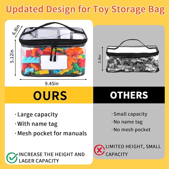 6 Packs Toy Storage Bags with Manual Pocket, Reusable Clear PVC Board Game Storage, Travel Waterproof Storage bag organizer with Zipper for Building Blocks, Board Game, Puzzle, Books