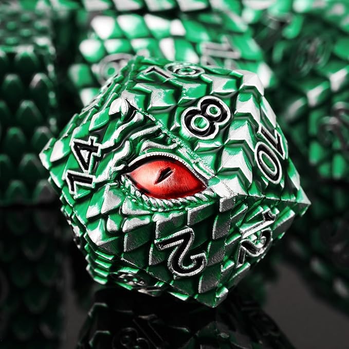 Metal Dice Set D&D,7 PCS Dragon Scale Metallic DND Dice Set,Dragon Eye Metal Dice with Gift Metal Box for Dungeons and Dragon Tabletop Game (Green Dragon Scale & Red Eye)