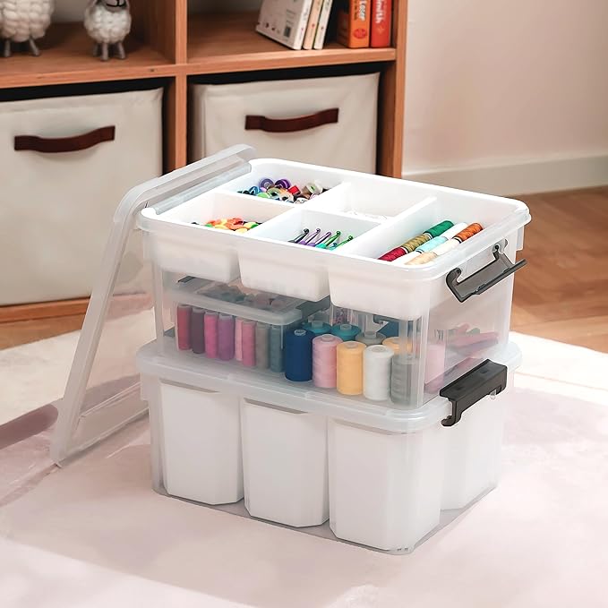 Citylife 17 QT Plastic Storage Box with Removable Tray and 6 Detachable Tall Inserts Craft Organizers and Storage Clear Storage Container for Organizing Crayon, Craft, Sewing, Playdoh, 2 Packs