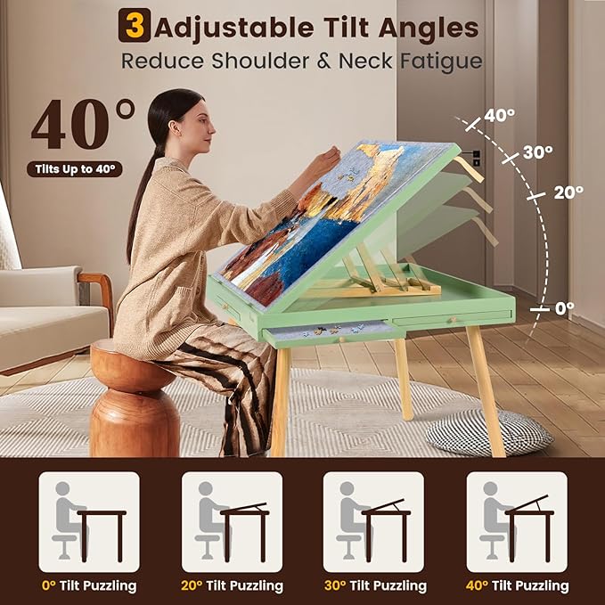 1500 Pieces Wooden Jigsaw Puzzle Board with Legs, 35"x26.8" Felt Mat Puzzle Table with 5 Drawers and Cover, 3 Adjustable Tilting Angles Up to 40° Puzzle Table for Adults and Teens, Mint Green