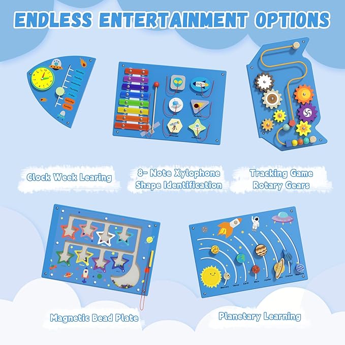 Rocket Sensory Wall Panel - Montessori Toddler Activity Cube, Blue