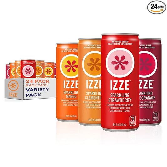 IZZE Sparkling Water Juice Beverage Blend, Dawn Variety Pack, Mango, Clementine, Strawberry, Pomegranate, No Sugar Added, 8.4 FL OZ, 24 Cans