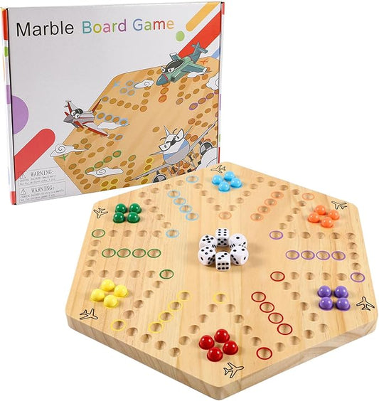 Original Marble Game Wahoo Board Game Double Sided Painted Wooden Fast Track Board Game for Family Friends and Party 6 and 4 Players 6 Colors 24 Marbles 6 Dice
