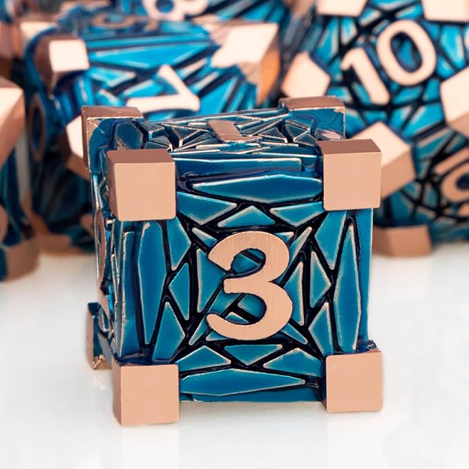 7PCS Metal DND Dice Set with Box, Debris RPG Copper Blue D and D Dice for use with D&D Tabletop Games Role Playing Game Polyhedral Dice Set D20 D12 D10 D8 D6 D4