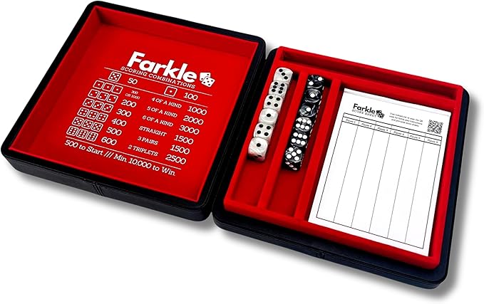 Luck Lab Farkle Dice Tray and Storage Case - Includes Embedded Scoring Combinations, 2 Sets of 6 Pearl Dice, 40 Sheet Score Pad and Pen Holder for The Classic Family Game (Red)