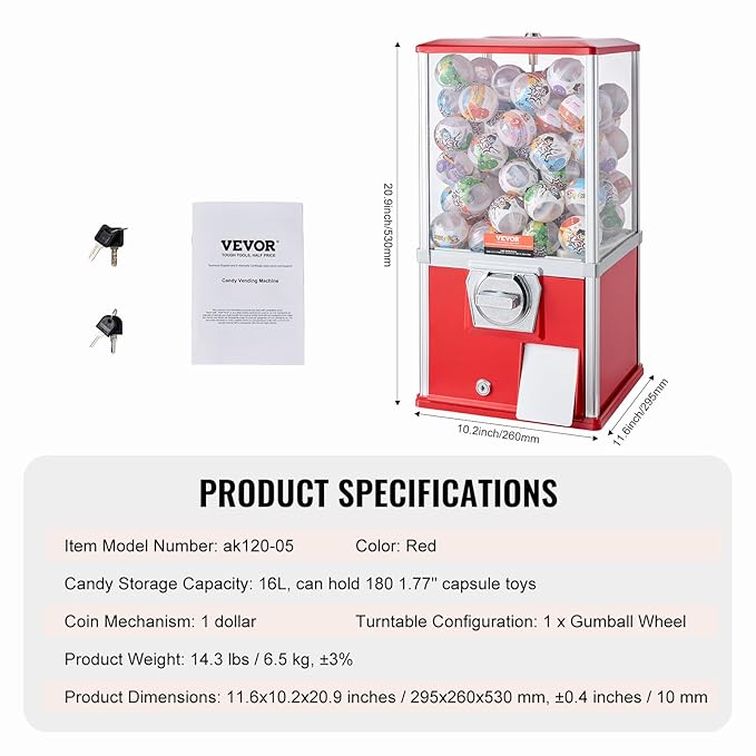 VEVOR Gumball Machine, 21" Height Home Vending Machine, PS Bouncy Balls Dispenser, Hold 180 Capsule Toys, Rectangle Bubble Gum Machine for Game Stores, Coin Operated Gumball Bank, Red