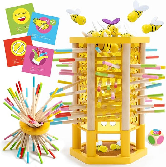 Nene Toys BeeFall, 4-in-1 Wooden Honey Bee Toy for Kids Ages 3-9 - Educational Game with Wooden Honeybee Hive, 12 Bees, Colorful Sticks, Dice & Cards - Fun Family Game for Cognitive Development