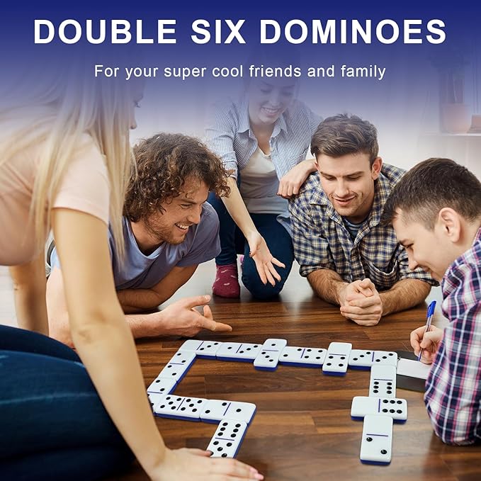 Dominoes Set for Adults, Double 6 Dominos Game Set with 28 Domino Tiles Double with Upscale Gift Boxes -7 Polyhedral Dice -Classic Board Games (Dark Blue)