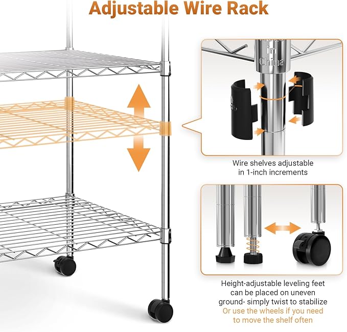 YSSOA Heavy Duty 4-Tier Shelving with Wheels, 35.43" D x 17.72" W x 61.02" H Adjustable Steel Organizer Wire Rack 1400 Lb Capacity, Chrome