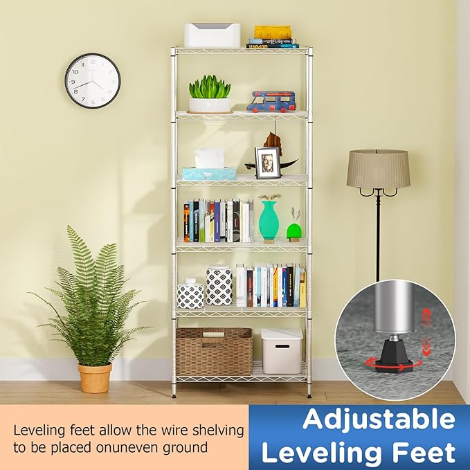FDW 6-Shelf Adjustable,Storage Shelves Wire Shelving Shelving Unit Metal Shelves Storage Shelf,13" D x 23" W x 59" H,Chrome