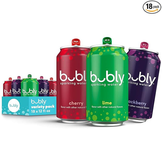bubly Sparkling Water, Lime Yours 3 Flavor Variety Pack (Lime, Cherry, Blackberry), Zero Sugar & Zero Calories, Seltzer Water, 12 Fl Oz Cans (Pack of 18)