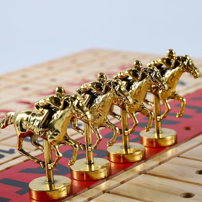 21 inches Horse Race Board Game Racing Game Solid Wood with 11 Luxurious Durable Classic Metal Horses Finish Line Horse Racing Game with 4 Dice and 2 Boxes of Cards