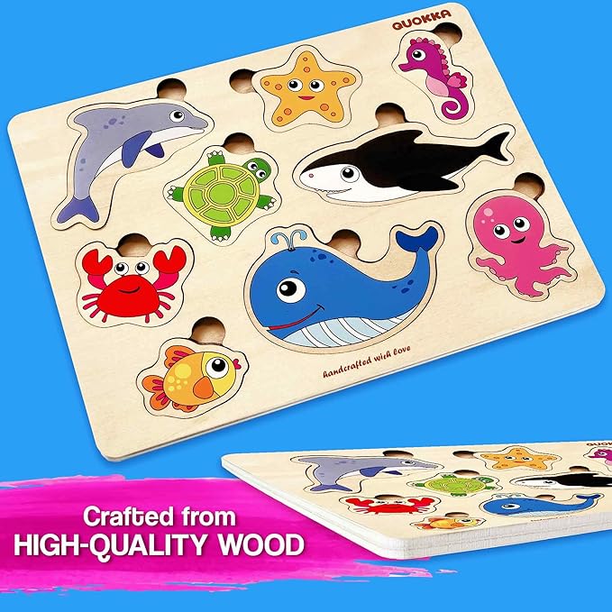 QUOKKA Wooden Puzzles for Toddlers 1-2 – 4 Set Pegged Puzzles for Kids Ages 1-2 – Animal Sea Learning Toy for Kids – Gift Realistic Educational Game for Boy and Girl