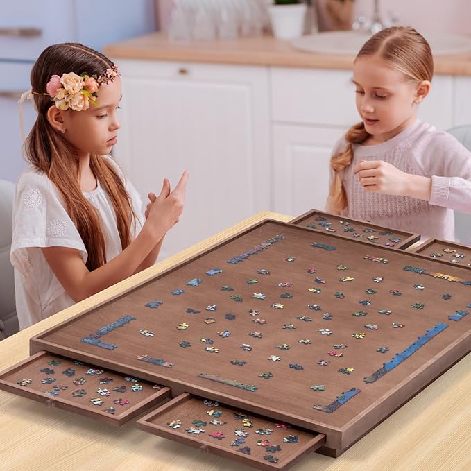 TEAKMAMA 1500 Piece Wooden Jigsaw Puzzle Board with 4 Drawers, Folding Puzzle Table with Protective Cover, Jigsaw Board with Legs, Multifunctional Game Table for Adults, 34W x 26.3D, Chocolate Brown