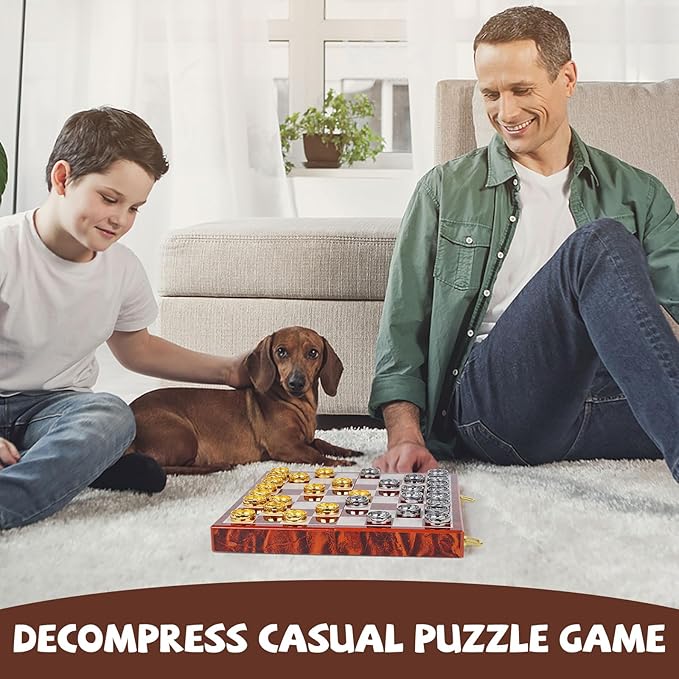 2-in-1 Metal Chess and Checkers Set for Adults & Kids –Travel Chess Sets Luxury Wooden Foldable Chessboard with Storage – Portable Classic Family Strategy Board Game with Metal Chess Pieces