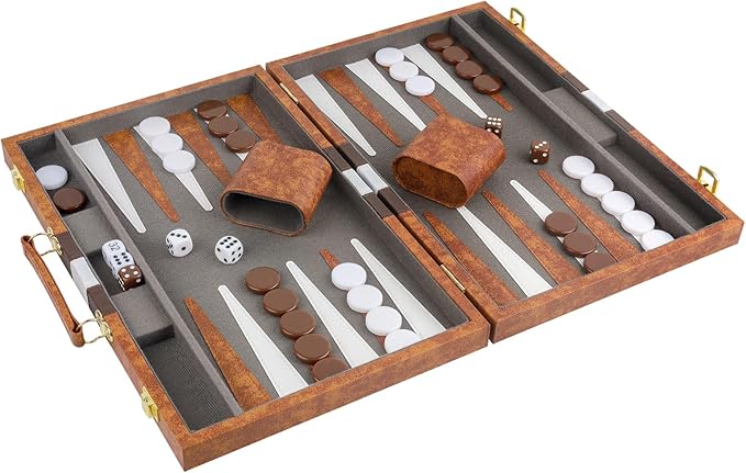 Backgammon Set, 15 Inch Portable Board Game with PU Leather Case for Adults, Brown Backgammon Travel Set
