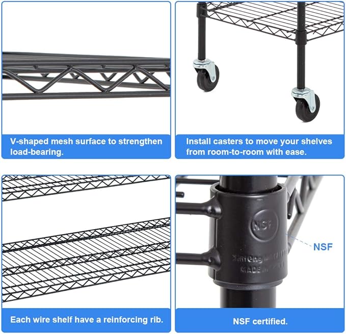 BestOffice NSF Wire Shelving Unit 6-Shelf Large Storage Shelves Heavy Duty Metal Wire Rack Height Adjustable Commercial Grade Utility Storage Rack on 4" Casters 6000LB Capacity 18x48x76,Black
