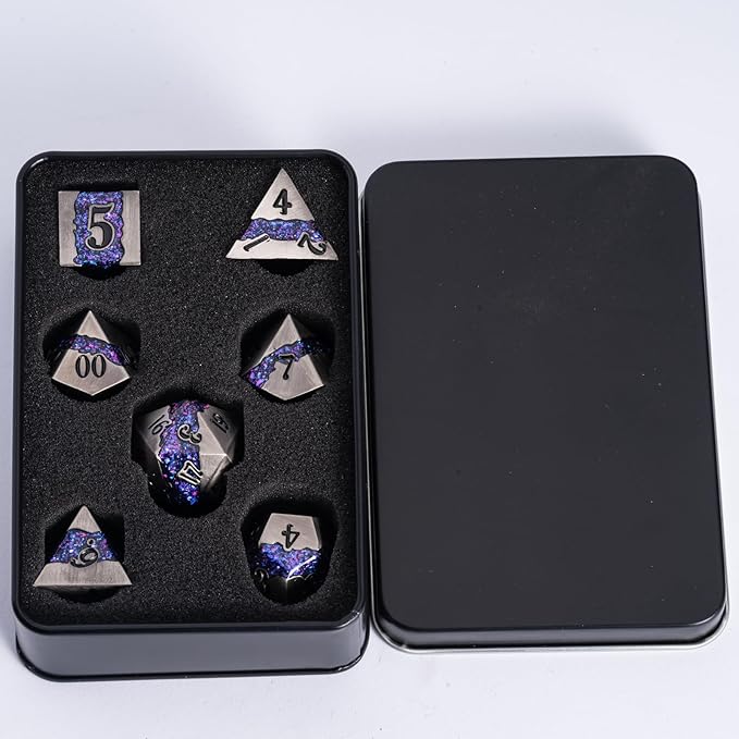 Metal Dice Set D&D, 7 PCS RPG Metallic Glitter Stripe Dice Set with Gift Box for Dungeons and Dragons Role Playing Games