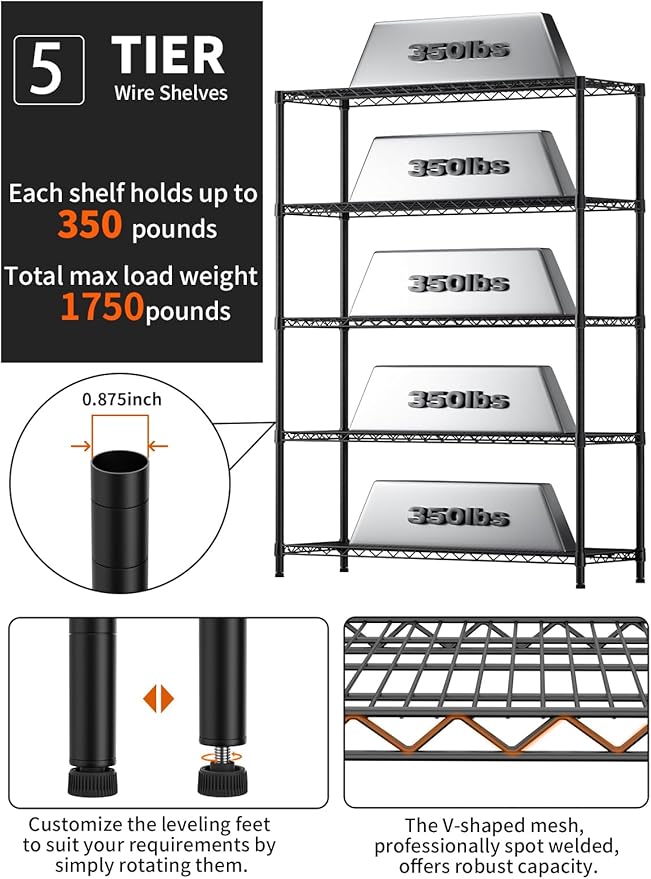 5 Tier Adjustable Storage Shelves Heavy Duty Metal Utility Shelf 1750LBS Capacity Wire Shelving Unit Organizer Rack for Home Kitchen Garage Pantry Room 18" D x 46" W x 77" H Black