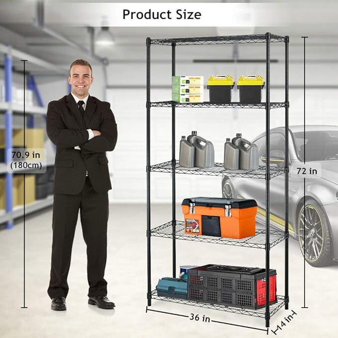 Wire Shelving Unit Commercial Metal Shelf Adjustable Layer Rack Strong Steel for Restaurant Garage Pantry Kitchen Garage (36×14×72, Black)