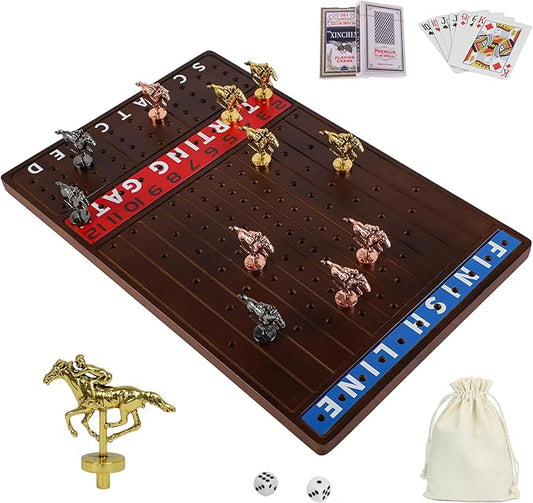 Horse Race Board Game with 11 Luxurious Durable Classic Metal Horses with 4 Dice and 2 Boxes of Cards Thickened Solid Wood Horse Racing Dice Game (Walnut Color,Rectangle)