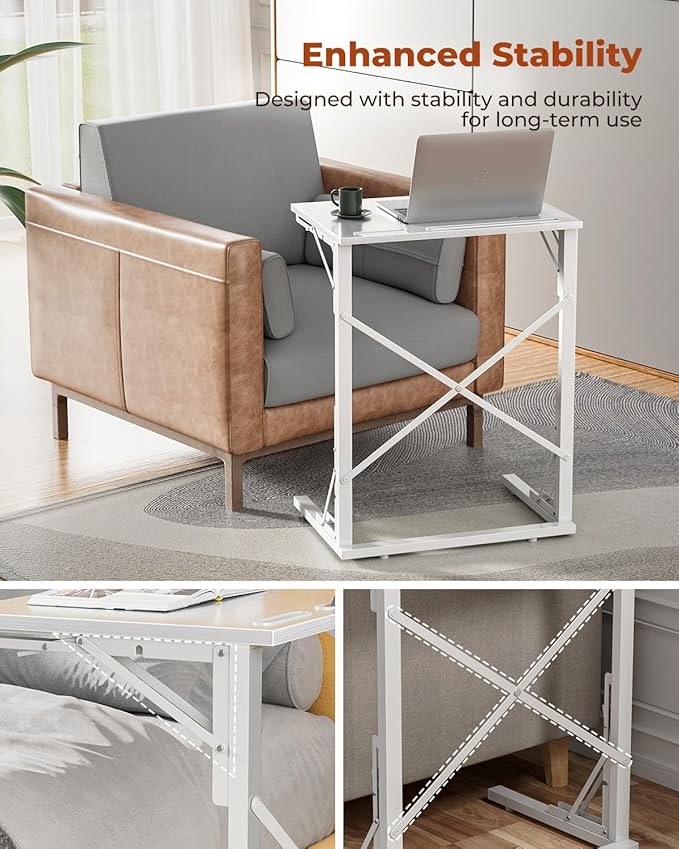 21''Wx28''H Folding TV Tray for Eating, Small Foldable C-Shaped Tray Table with Tablet and Phone Slots, Slide Under Couch Side Table for Recliner, Living Room, Bedroom, White