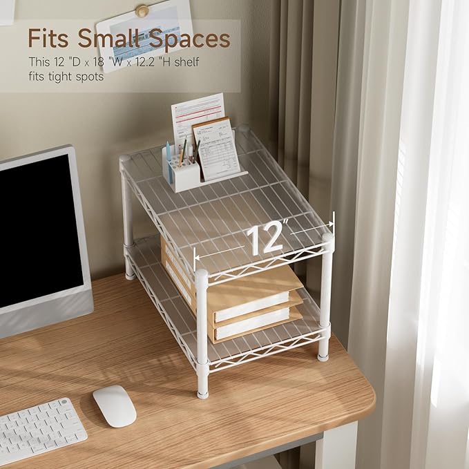 Small 2 Tier Shelves Storage Wire Shelving Unit Metal Shelf Adjustable Organizers Storage Shelving with Wheels for Bathroom Laundry Room Kitchen Pantry12”D x 18”W x 12.2”H White