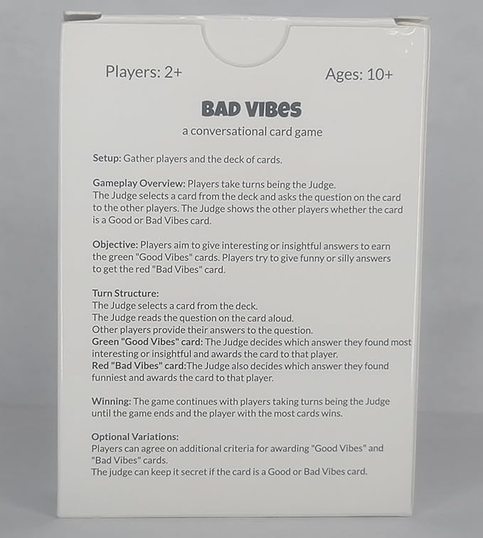 Bad Vibes Card Game - Vol 1 - Conversation,Party Family Friends Group Funny Date Personality Questions Counseling Therapy Cohesion Teen Adult Teacher School Social Emotional Learning SEL