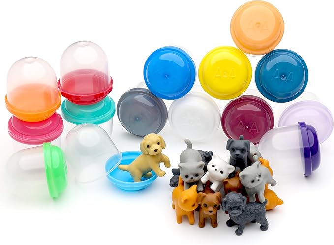 Pet Figurines Toys in Capsule - 50 Pcs - 1.1 Inch Plastic Capsules with Cute Dog and Cat Figurines for Kids - Bulk Toys for Easter Hunt Games - Vending Machines - Classroom Prizes