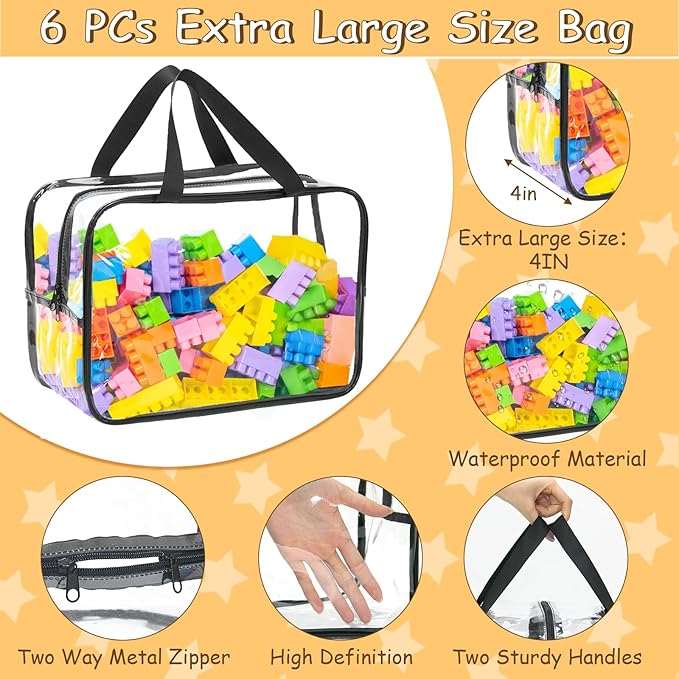 4 Packs Large Toy Storage Bags, Dual Zippers and Portable Handheld Design, Clear Waterproof Toy Organizer Bags with Labels, Board Game Storage