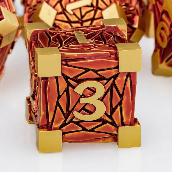 Metal DND Dice Set Golden Red Debris RPG D and D Dice for use with D&D Tabletop Games Role Playing Game Polyhedral Dice Set with Box D20 D12 D10 D8 D6 D4