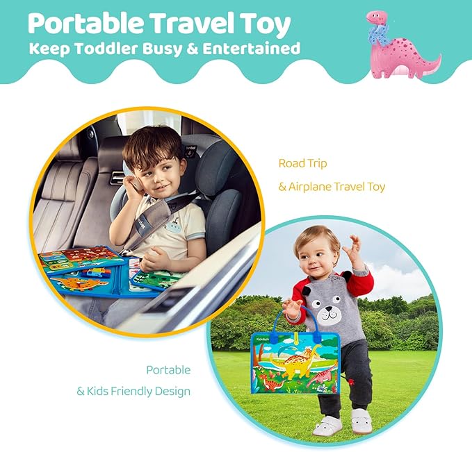 Busy Board Montessori Toys for 3 4 Year Old Boys & Girls Birthday Gifts, Educational Activity Sensory Board Preschool Learning Toys for Toddlers, Travel Toys for Airplane Car (Dinosaur)