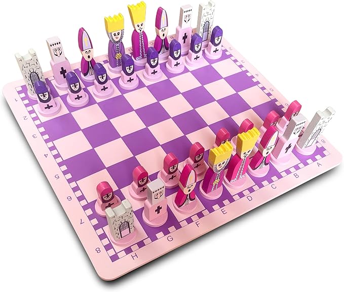Cartoon Chess Set for Kids: 11.8" Unique Chess Board for Kids & Beginners - Pink Wooden Board Games Educational Toy for Adults Toddlers Family School Fun
