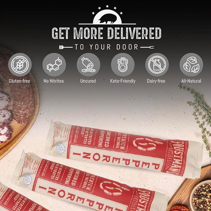 Foustman's Salami Pork and Beef Pepperoni, Nitrate-Free, Naturally Cured, Gluten-Free, Dairy-Free, 8 Oz Sticks