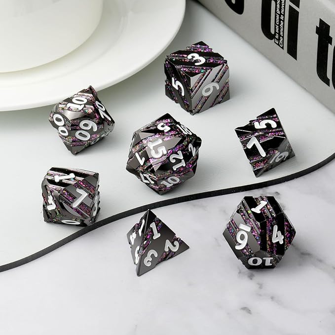 Stripe Metal DND Dice,DNDND Metallic Stripes Dice with Gift Metal Box for Dungeons and Dragons D&D (Purple Stripes)