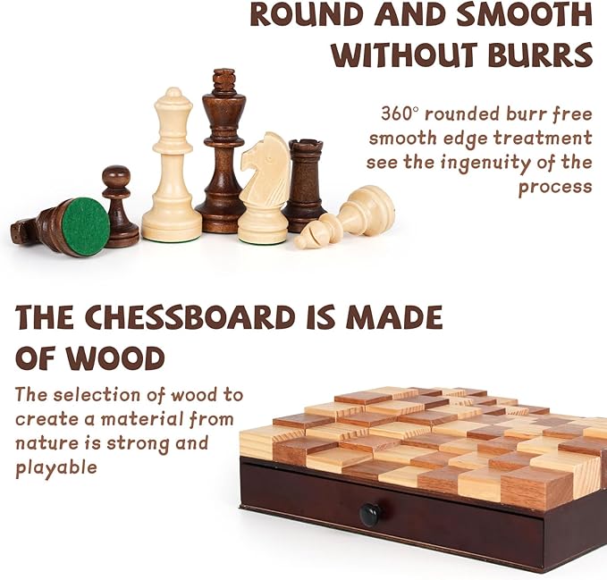 3D Wooden Chess Set with Storage Drawer – 12" Wooden Chess Board & Pieces, Travel Chess Set with Wooden Pieces, Classic Strategy Board Game for Adults Family for Beginners & Pros