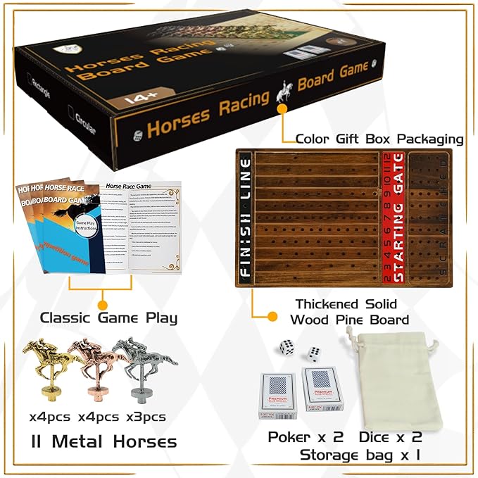 Horse Race Board Game Racing Game Thickened Solid Wood with 11 Luxurious Durable Classic Metal Horses with 2 Dice and 2 Boxes of Cards Horse Racing Game (Rustic Brown, Rectangle)